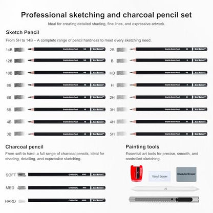 24PCS Professional Sketch Pencil Set – 5H to 14B Pencils, Charcoal Pencils, Art Supplies Kit with Erasers, Sharpener, Knife – Ideal Gift for Artists, Students, Kids, Beginners