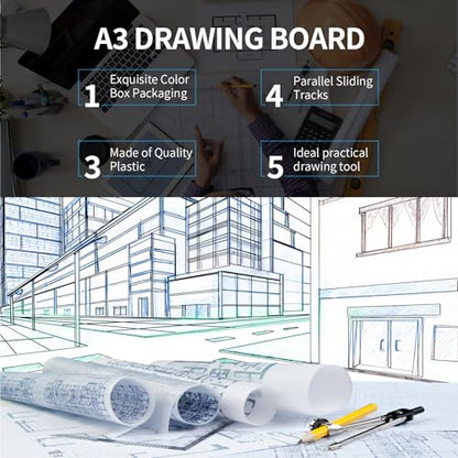 Zonon A2 Portable Drawing Board, Multi-Function Metric Drafting Table Drafting Board with Clear Rule Parallel Motion and Angle Adjustable Measuring System - size: A2
