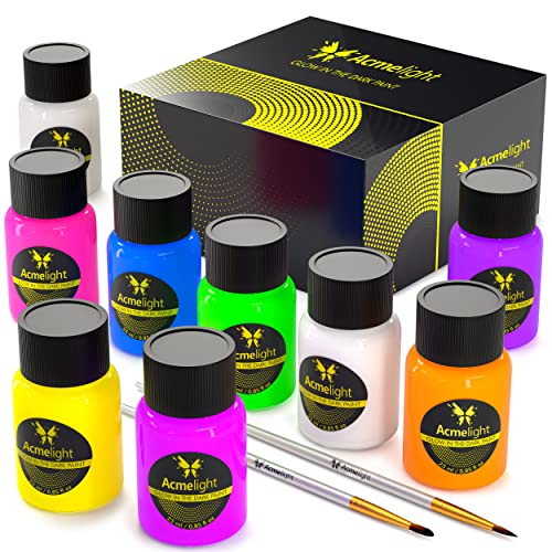 Acmelight Glow in the Dark Acrylic Paint Set - 9 Neon Fluorescent Colors for Canvas, Wood & Stone - Blacklight Reactive - Cool Art Supplies Gift for Artists, Adults & Kids