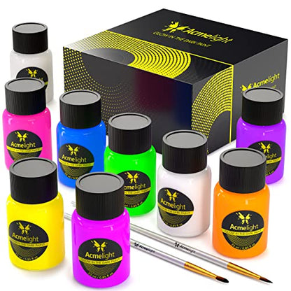 Acmelight Glow in the Dark Acrylic Paint Set - 9 Neon Fluorescent Colors for Canvas, Wood & Stone - Blacklight Reactive - Cool Art Supplies Gift for Artists, Adults & Kids