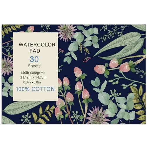 30 Sheets Watercolor Paper Pad, A5 (8.3 x 5.8) Hot Press Watercolor Paper, 140 lb/300 GSM Tearable Water Color Pad Watercolor Sketchbook for Art Painting, Drawing, Mixed Media