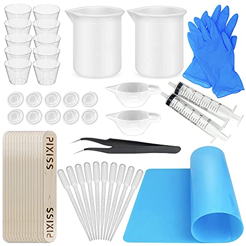Silicone Resin Measuring Cups Tool Kit- Pixiss 100ml Measure Cups, 1oz Cups, Popsicle Stir Sticks, Pipettes, Finger Cots, Silicone Gloves, Silicone Mat for Epoxy Resin Mixing, Molds, Jewelry Making