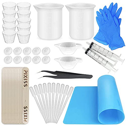 Silicone Resin Measuring Cups Tool Kit- Pixiss 100ml Measure Cups, 1oz Cups, Popsicle Stir Sticks, Pipettes, Finger Cots, Silicone Gloves, Silicone Mat for Epoxy Resin Mixing, Molds, Jewelry Making