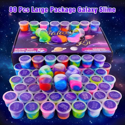 80 Pack Slime Kit for Kids, Mini Bulk Galaxy Slime for Party Favors, Birthday Gifts for Boys Girls Age 4-12, Soft Stretchy Sensory Stress Relief Putty Toy, School Classroom Rewards, Easter Stuffers - style: 80 Pcs Galaxy Slime