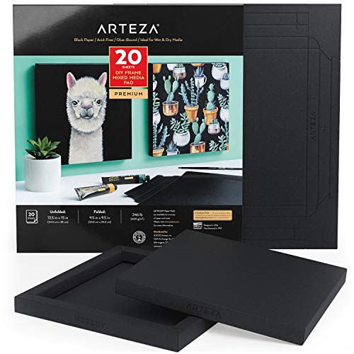 ARTEZA Mixed Media Paper Foldable Canvas Pad, 9.5x9.5 Inches, 20 Sheets, Black Paper