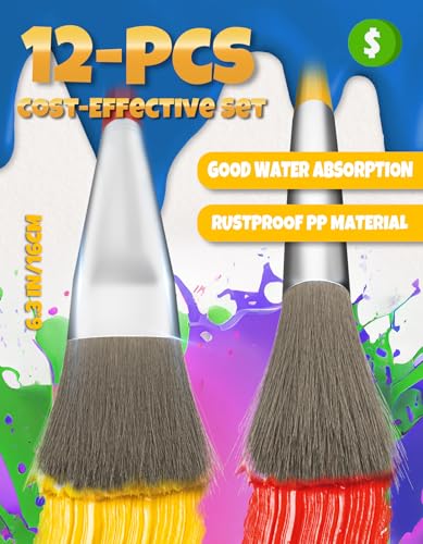 Joyooss Kids Paint Brushes, 12 Pcs Round/Flat Large, Easy to Clean & Grip Washable No Shed Hog Bristle for Watercolor, Acrylic, Gouache - size: 12 Pcs