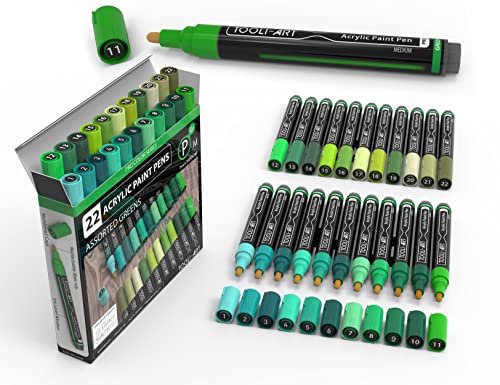 TOOLI-ART 22 Acrylic Paint Markers Paint Pens Pro Color Series Set 3mm Medium Tip for Rock Painting, Glass, Mugs, Wood, Metal, Glass Paint, Canvas, DIY. Non Toxic, Waterbased, Quick Drying (GREENS) - color: GREENS