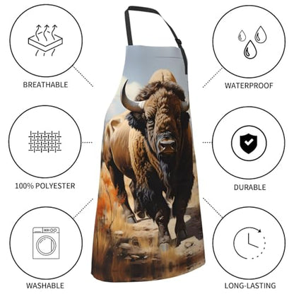 Prancing Brown Horse Heavy Duty Waterproof Apron with Pockets for AdultsResistant Grilling, Gardening, Painting - color: North American Bison Herd
