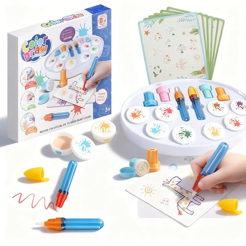 Mess Free Painting Set for Toddlers, Multi-Functional Art Station with Replaceable Brush Heads Magic Pen & Stamps, Sensory Toddler Arts and Crafts Gifts for 3-9 Year Old Girls Boys, Classroom & Group