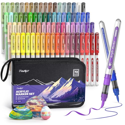 JusArt 72 Colors Acrylic Paint Markers with Canvas Bag, Water-Based No-Bleed Paint Pens with Automatic Ink Control, Waterproof Brush Tip Markers for DIY Art & Crafts -Fabric, Rock, Wood, Glass, Metal - color: 72 Colors