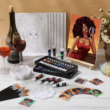 Cholemy 36 Pcs Paint and Sip Kit for Adults 8''x10'' Pre Drawn Canvas for Painting DIY Afro Acrylic Painting Kit Wood Easel Brushes Date Night Bulk for Summer 4th of July Party Gift(Fashion Women) - style: Fashion Women