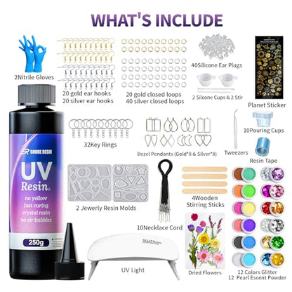 SHORE RESIN 250g UV Resin Kit with Light, Jewelry Starter Set | Includes UV Lamp, Silicone Molds, Glitter, Dried Flowers and Tools for Earrings, Keychains and Crafts - size: 250g