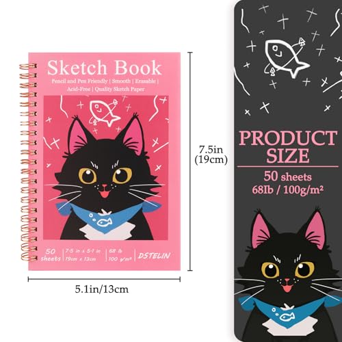 DSTELIN 7.5 x 5.1 Inch Sketch Book, 50 Sheets,100gsm, Spiral Bound Black Hardcover with Red Cover, Ideal for Sketching and Drawing