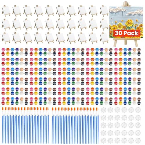 30 Pack Mini Canvas and Easel Set, 4 x 4 inch Small Canvases for Painting with Wood Easel and 12 Colors Mini Paint Set, Bulk Acrylic Canvas Painting Supplies Kit for Party