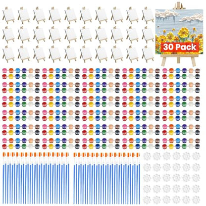 30 Pack Mini Canvas and Easel Set, 4 x 4 inch Small Canvases for Painting with Wood Easel and 12 Colors Mini Paint Set, Bulk Acrylic Canvas Painting Supplies Kit for Party