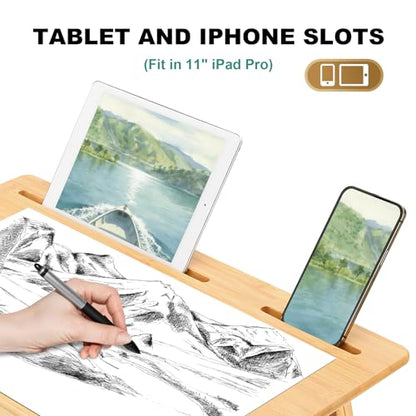 Nnewvante Drafting Table Bamboo Tabletop Easel Foldable Drawing Desk with Adjustable Height & Angle Drawing Board with Tablet and Phone Slots for Painting, Reading, Writing - color: Bamboo