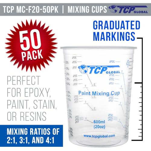 TCP Global 20 oz. (600ml) Graduated Plastic Mixing Cups - Box of 50 with 50 Mixing Sticks - Disposable Plastic Measuring Cups for Liquids, Paints, Resin, Epoxy, Art, Kitchen - Ratios 2-1, 3-1, 4-1 ML