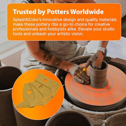 SplashNColor Pottery Ribs - ABS Clay Texture Ribs, Mud Throwing Tools, Ceramic Pottery Smoothing, Sculpting, Carving, and Trimming Tools for DIY Pottery Projects - Orange - Set A - (4 Pack)