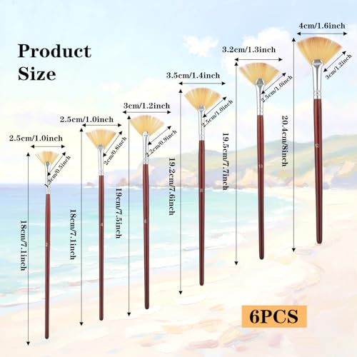 Fan Paint Brush Set, 6 Pcs Nylon Hair Acrylic Paint Brushes Artist Brush with Wooden Handle for Acrylic, Oil, Watercolor, Gouache, Face, Nail, Rock Painting