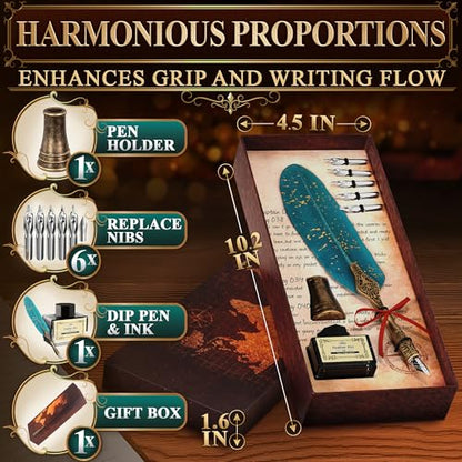 Feather Quill Pen and Ink Set – Stainless Steel Dip Pen Writing Quill and Ink Set with 5 Replacement Nibs, Non-Slip Knurled Grip, Display Stand and Elegant Gift Box – Calligraphy Gift Set (Turquoise) - color: Turquoise