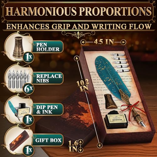 Feather Quill Pen and Ink Set – Stainless Steel Dip Pen Writing Quill and Ink Set with 5 Replacement Nibs, Non-Slip Knurled Grip, Display Stand and Elegant Gift Box – Calligraphy Gift Set (Turquoise) - color: Turquoise