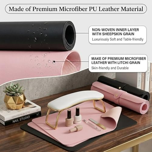 2 PCS Nail Art Table Mat, Soft Microfiber PU Leather Nail Pad, Foldable Nail Art Rest Pad, Reusable Nail Mat for Table Desk, Acrylic Nail Desk Mat for Nail Cushion(Pink+Black) - color: Black and Pink