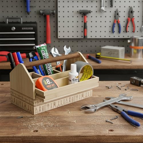 Ikee Design Small Wooden 5-Compartment Craft Tool Box Caddy with Drawer and Handle, Desk Art Supply Storage Organizer for Craft Tools, Makeup Essentials, 10 W x 4.9 D x 5.5 H in - color: Natural with Pattern