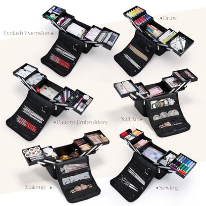 Yueieoun Large Makeup Case,Nail Bag with 4 Tier, Travel Makeup Box Organizer,Nail Kit Storage Tattoo Bag Make Up Case for women/Nail Art/Eyelash Extension/Tattoo/MUA, with luggage sleeve, Black - size: Medium