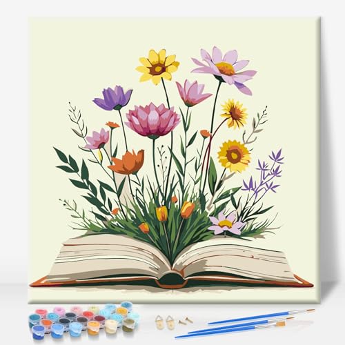 Camocin Framed Paint by Numbers Kit for Adults Beginner - Book and Wildflowers Paint by Number Canvas with Frame, Cottagecore DIY Acrylic Painting Kit for Book Lovers Home Wall Decor 12x12 Inch - color: Book Flower-02, size: 12x12 Inch