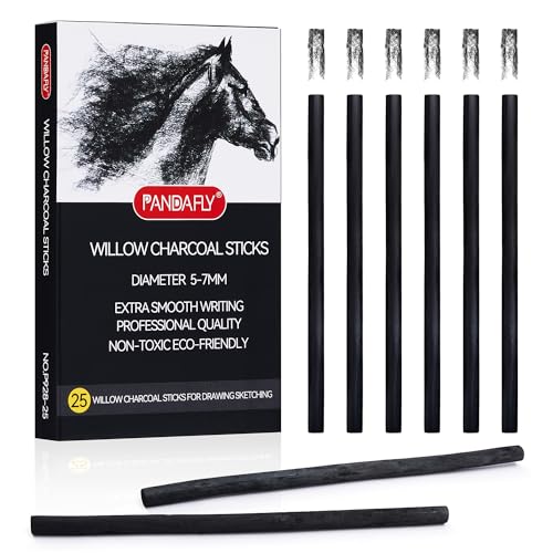 PANDAFLY Willow Charcoal Sticks, Soft, 5-7mm, 25 Pack, Black Artist Vine Charcoal, For Artists, Beginners, Students, Ideal for Sketching, Drawing, Shading, Fine Art - size: 5-7mm