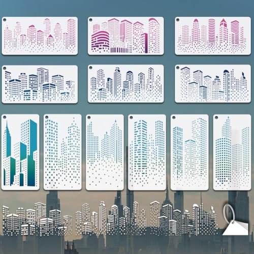 12 Sheets City Silhouette Stencils for Painting, 12 Styles Skyscraper Drawing Template Reusable City Buildings Templates for Painting on Canvas Wood Wall Home Decor - style: City Silhouette