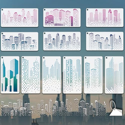 12 Sheets City Silhouette Stencils for Painting, 12 Styles Skyscraper Drawing Template Reusable City Buildings Templates for Painting on Canvas Wood Wall Home Decor - style: City Silhouette
