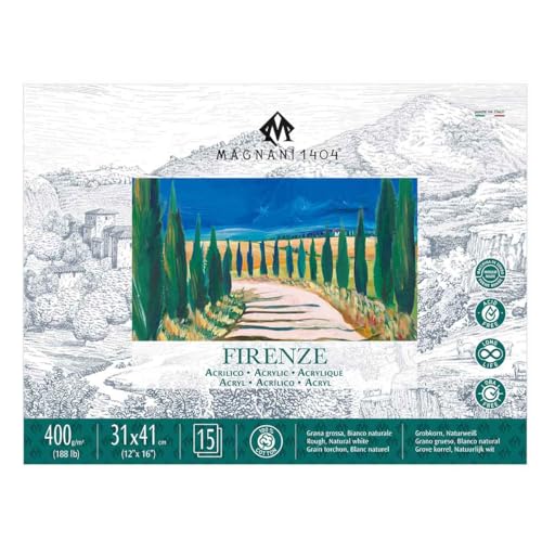 Magnani 1404 Firenze 100% Cotton Acrylic Paint Paper Pad, 12x16 188 lb. 15 Heavyweight Sheets, Rough Texture, Vegan Sizing, Natural White Acrylic Paper Pad for Acrylic, Gouache, Ink & Watercolor - size: 12x16"