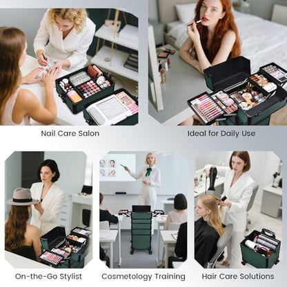 Rolling Makeup Case Makeup Train Case with Lid 5 in 1 Cosmetology Case on Wheels Cosmetic Trolley Organizer Large Makeup Organizers Case Profesional Cosmetic Case for Salon Barber Nail, Dark Green - color: Dark Green