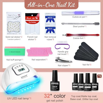 JODSONE Gel Nail Polish Kit with U V Light 32 Color Soak Off Base&Top Glitter Coat Gel Polish for DIY Manicure Lovers - color: 32KIT-Color 7