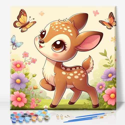 Camocin Framed Paint by Numbers Kit for Kids Ages 4-12 - Deer Theme DIY Acrylic Painting Set with Frame for Beginners, Complete Art Kit with Canvas, Brushes & Paints - 10x10 Inch Home Decor Gift - color: Deer-1