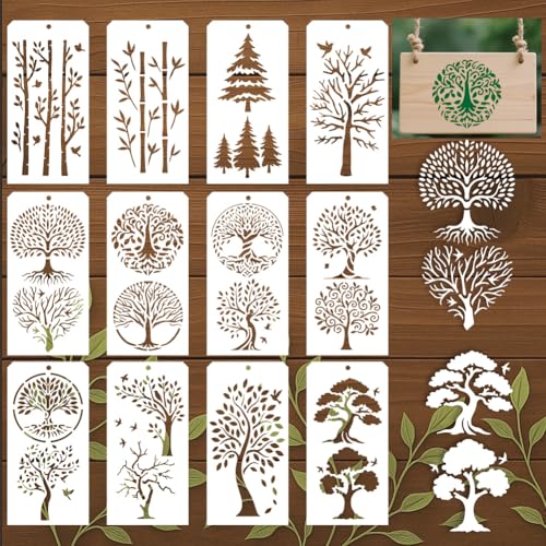 12 Sheets 20 Styles Tree Stencils for Painting, Tree of Life Drawing Templates Bamboo Pine Reusable Border Stencil for Painting on Wall Wood Home Decor - style: Trees