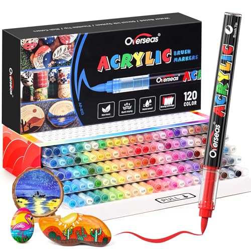 Overseas 120 Colors Acrylic Paint Markers, Water Based Brush Tip Paint Pens | Automatic Ink Control, No Bleed, Waterproof, Quick Dry, Assorted Colors Marker for Rock Painting, Fabric, Wood, Glass, Metal - style: 120 Colors