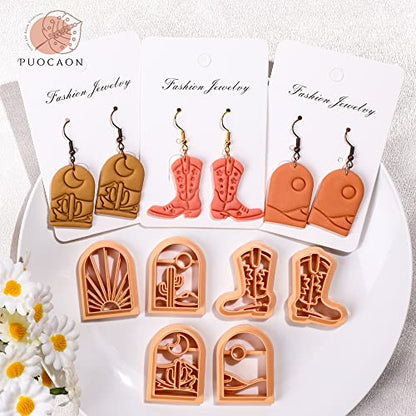 Puocaon Western Polymer Clay Cutters - 9 Pcs Clay Cutters for Earrings Making, Cowboy Hat, Boot, Rising Sun, Desert Scene - color: western