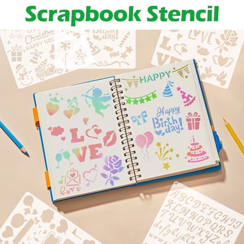 Yazhiji 8 PCS Scrapbook Stencils, Planner Stencils for Junk Journal Notebook Diary Scrapbook DIY Drawing Template Journal Stencil 5.5x6.3 Inch - style: Scrapbook Template