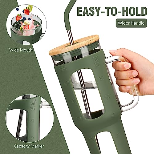 WINSA Glass Tumbler with Lid and Straw, 46 oz Iced Coffee Cup with Handle, Large Water Bottles with Silicone Sleeve, Glass Cup with Straws - Pearl Straw & Drinking Straw BPA Free-Olive - color: Olive, size: 46 Ounces