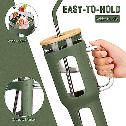 WINSA Glass Tumbler with Lid and Straw, 46 oz Iced Coffee Cup with Handle, Large Water Bottles with Silicone Sleeve, Glass Cup with Straws - Pearl Straw & Drinking Straw BPA Free-Olive - color: Olive, size: 46 Ounces