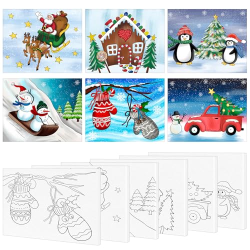 COCHIE 6 Pack 8x10 Inches Christmas Pre Drawn Canvas to Paint for Sip and Paint Party, X-mas Pre Printed Canvases, Peppermint Candy House Snowman Pre Sketched Canvas for Painting for Adults, Kids - size: 8x10 Inches, style: XMAS