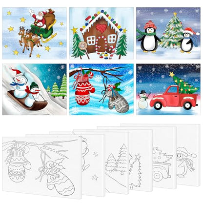 COCHIE 6 Pack 8x10 Inches Christmas Pre Drawn Canvas to Paint for Sip and Paint Party, X-mas Pre Printed Canvases, Peppermint Candy House Snowman Pre Sketched Canvas for Painting for Adults, Kids - size: 8x10 Inches, style: XMAS