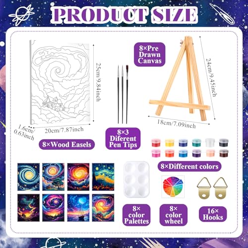 Humyoun 8 Sets 8" x 10" Starry Sky Pre Drawn Canvas to Paint for Sip and Paint Party Starry Sky Predrawn Coloring Set Pre Sketched Canvas Boards with Paints and Brushes for Adult - style: Starry Sky