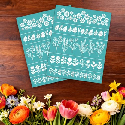 2 Pcs Spring Flower Silk Screen Stencil, Leaf Border Self-Adhesive Reusable Silk Screen Printing Stencils Templates for Painting on Wood, T-Shirt, Fabric, Wall, Home Craft Decor - style: Spring Flower