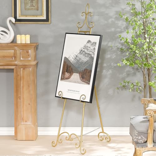 61”H x 20”L x 24”W Metal Extra Large Free Standing Display Stand Easel, Gold Scroll Floor Easel Stand for Sign Wedding Mirror Picture Frame, with Adjustable Chain