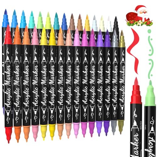 TOSHARE 30 Colors Dual Tip Acrylic Paint Markers, Premium Brush&Fine Acrylic Paint Pens for Rock, Wood, Paper, Fabric, Canvas, Glass,Ceramic,Egg,Scrapbook and DIY Crafts Supplies-Junk Journal Supplies
