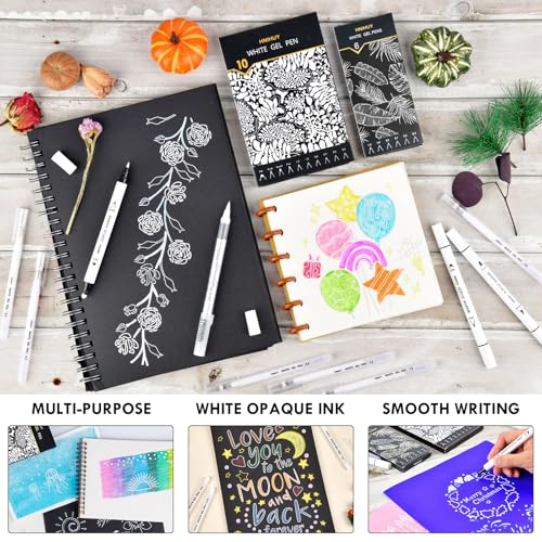 White Acrylic Ink Pens for Drawing, Fine Point White Gel Pens, Fine, Round & Brush Tip Opaque Acrylic Markers for Black Paper Drawing, Sketching, Illustration, Card Making, Set of 10 - size: 10
