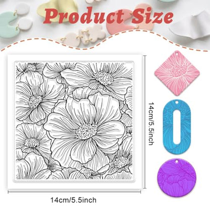 Large Flowers Polymer Clay Texture Sheet Silicone Texture Stamp Sheets Floral Clear Texture Mat Modeling Pattern Pad Reusable for Scrapbooking Polymer Clay Pottery Earrings Jewelry Making - style: Large Flower